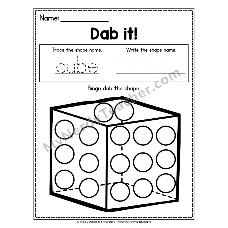 Dab it! 3D Shape Worksheet — Bingo Dab the Cube