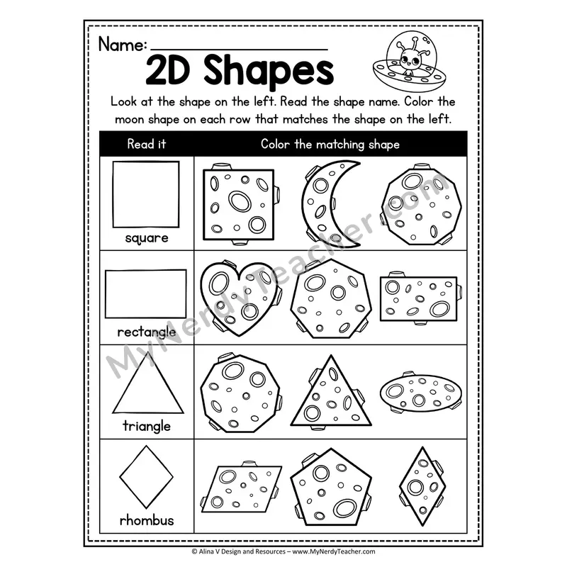 2D Shapes Worksheet — Read and Color Matching Moon Shape (Space Theme)