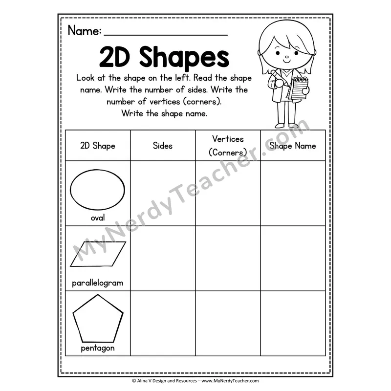 2D Shapes Worksheet — Count Sides, Vertices, and Write Shape Name