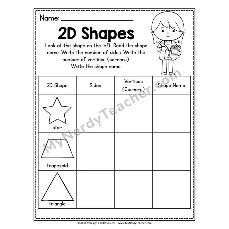 2D Shapes Worksheet — Count Sides, Vertices, and Write Shape Name