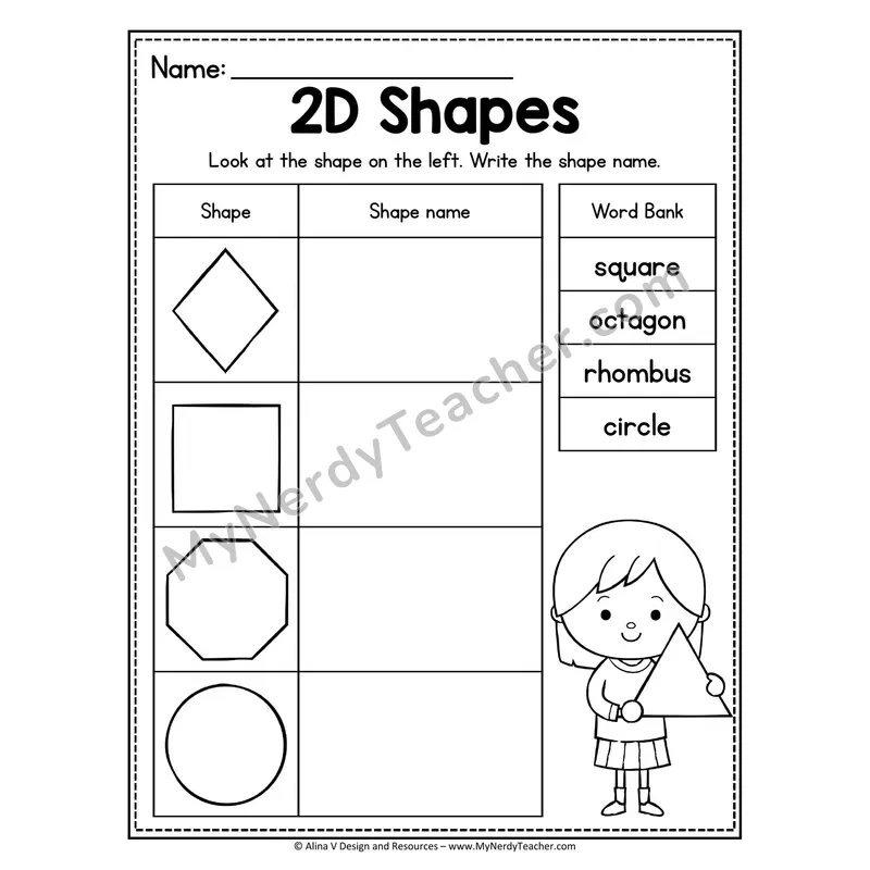 2D Shapes Worksheet — Write the Shape Name with Word Bank