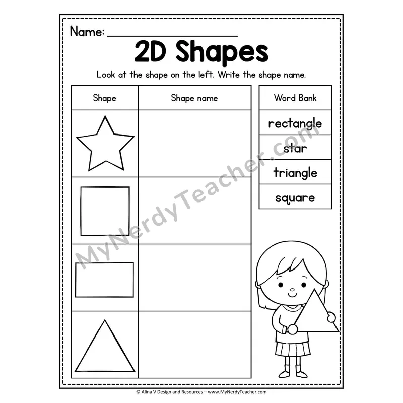 2D Shapes Worksheet — Write the Shape Name with Word Bank