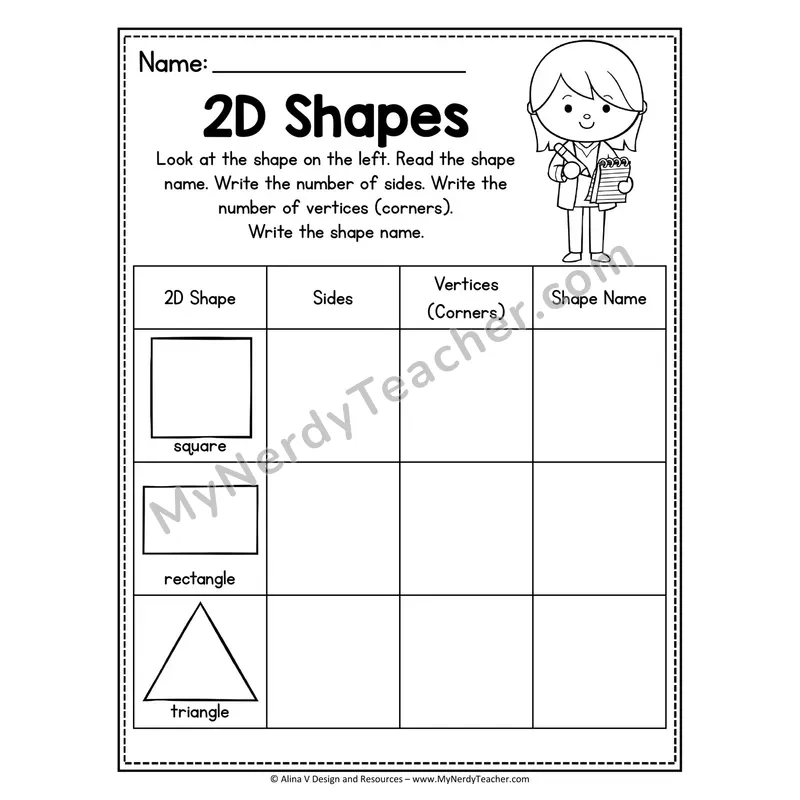 2D Shapes Worksheet — Count Sides, Vertices, and Write Shape Name