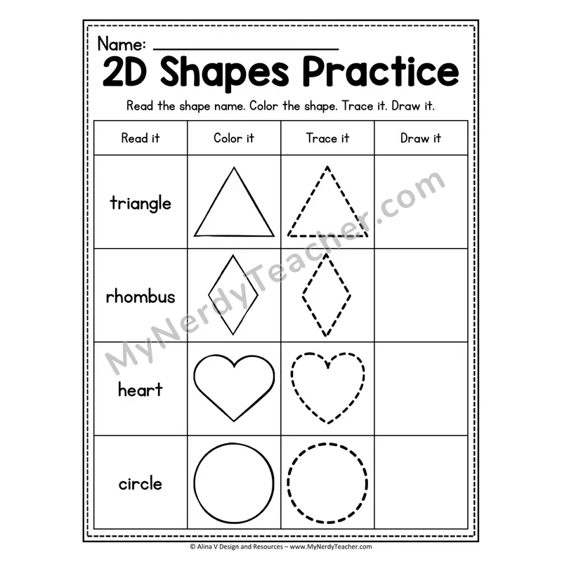 2D Shapes Practice Worksheet — Read, Color, Trace, and Draw
