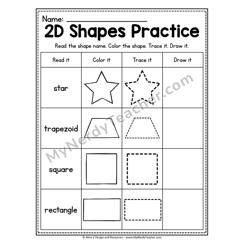 2D Shapes Practice Worksheet — Read, Color, Trace, and Draw