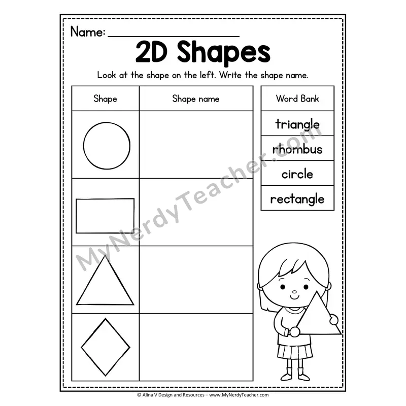 2D Shapes Worksheet — Write the Shape Name with Word Bank