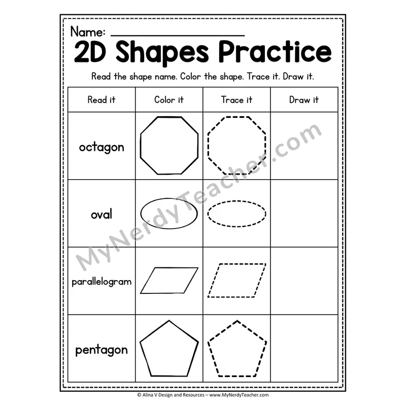 2D Shapes Practice Worksheet — Read, Color, Trace, and Draw