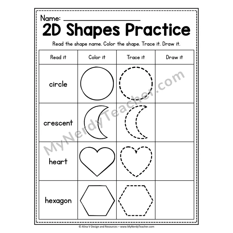 2D Shapes Practice Worksheet — Read, Color, Trace, and Draw