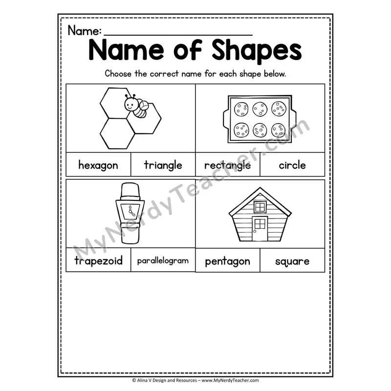 Name of Shapes Worksheet — Multiple Choice Shape Identification
