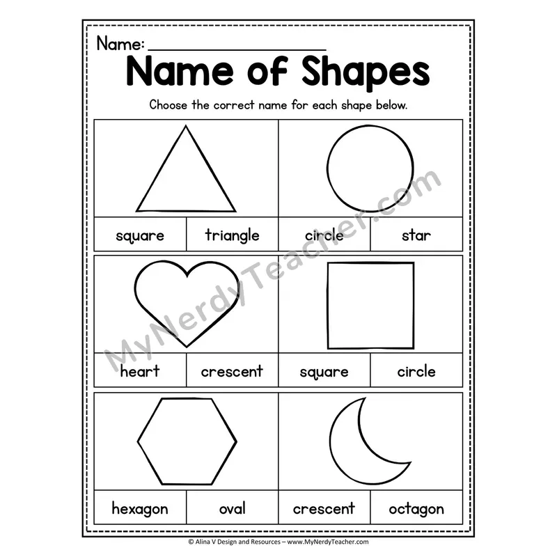 Name of Shapes Worksheet — Multiple Choice Shape Identification