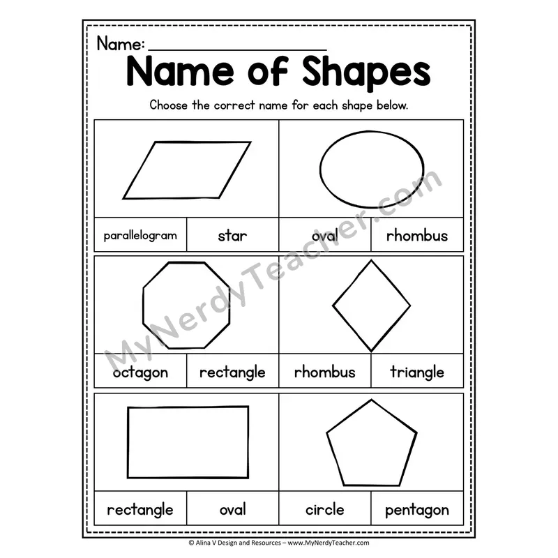 Name of Shapes Worksheet — Multiple Choice Shape Identification
