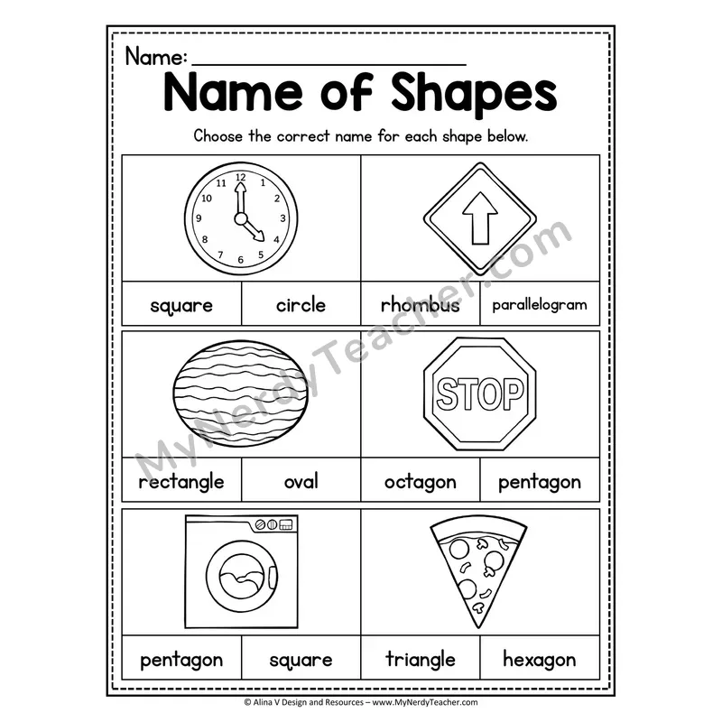 Name of Shapes Worksheet — Multiple Choice Shape Identification