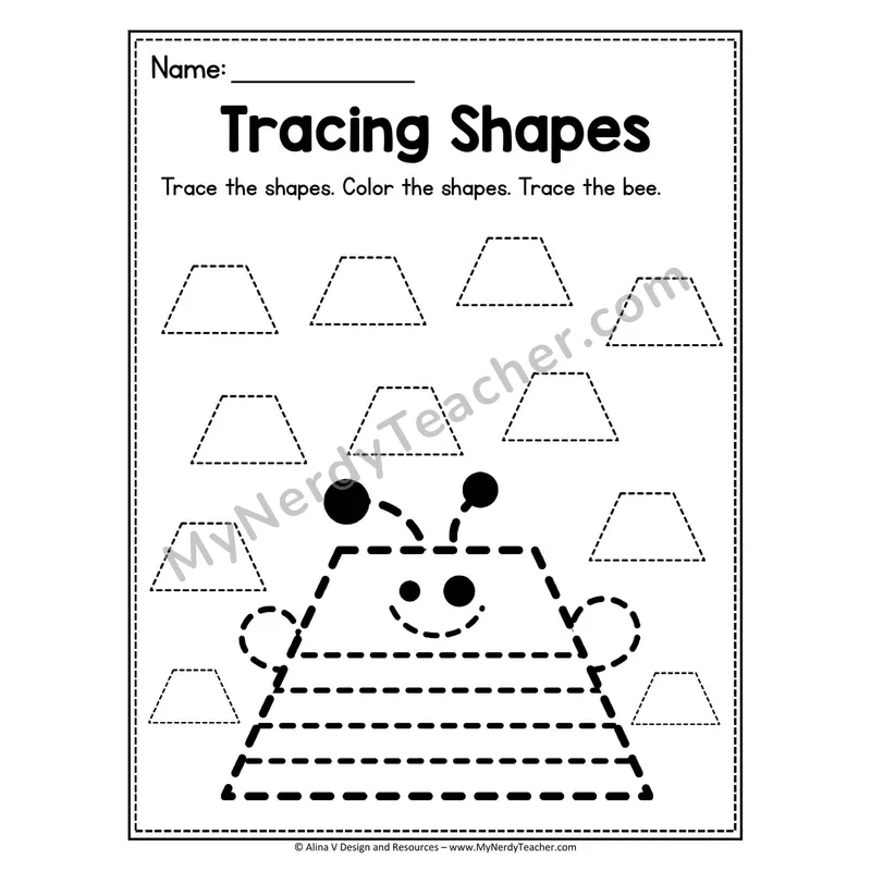 Tracing Shapes Worksheet — Trapezoid Bee Picture Tracing