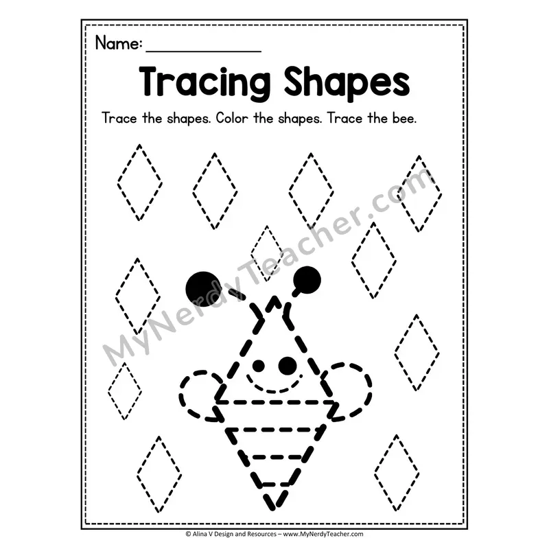 Tracing Shapes Worksheet — Rectangle Bee Picture Tracing