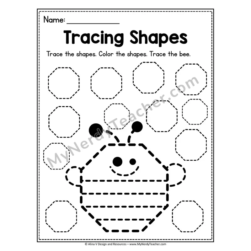 Tracing Shapes Worksheet — Hexagon Bee Picture Tracing