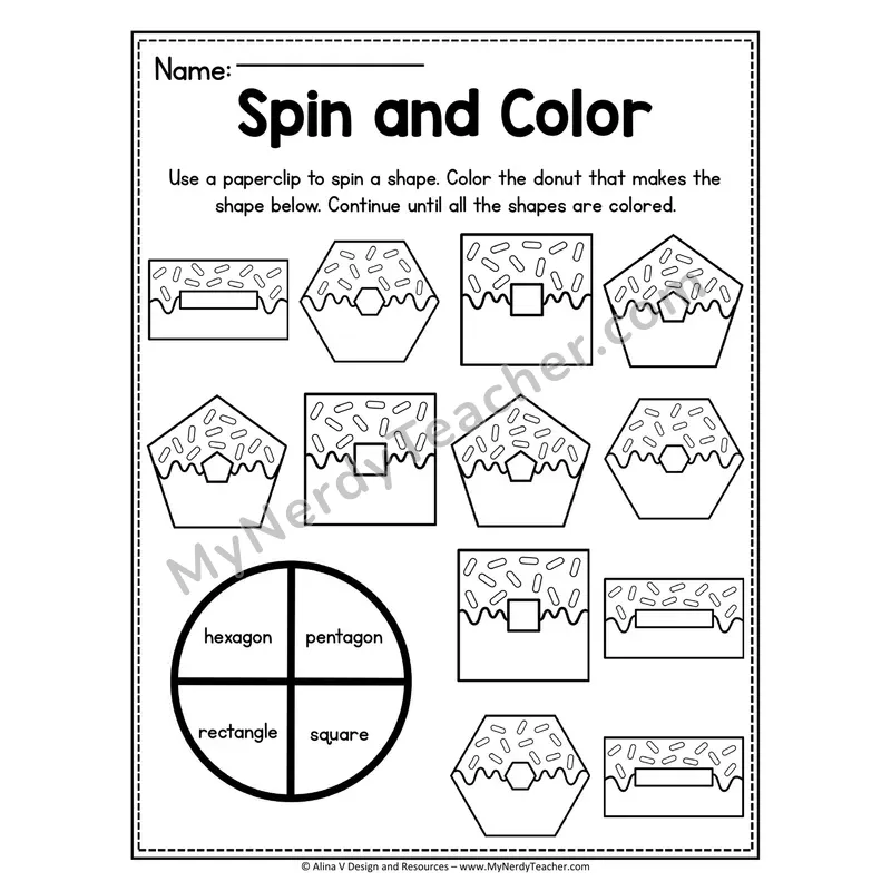 Spin and Color 2D Shapes Worksheet — Donut Theme #10