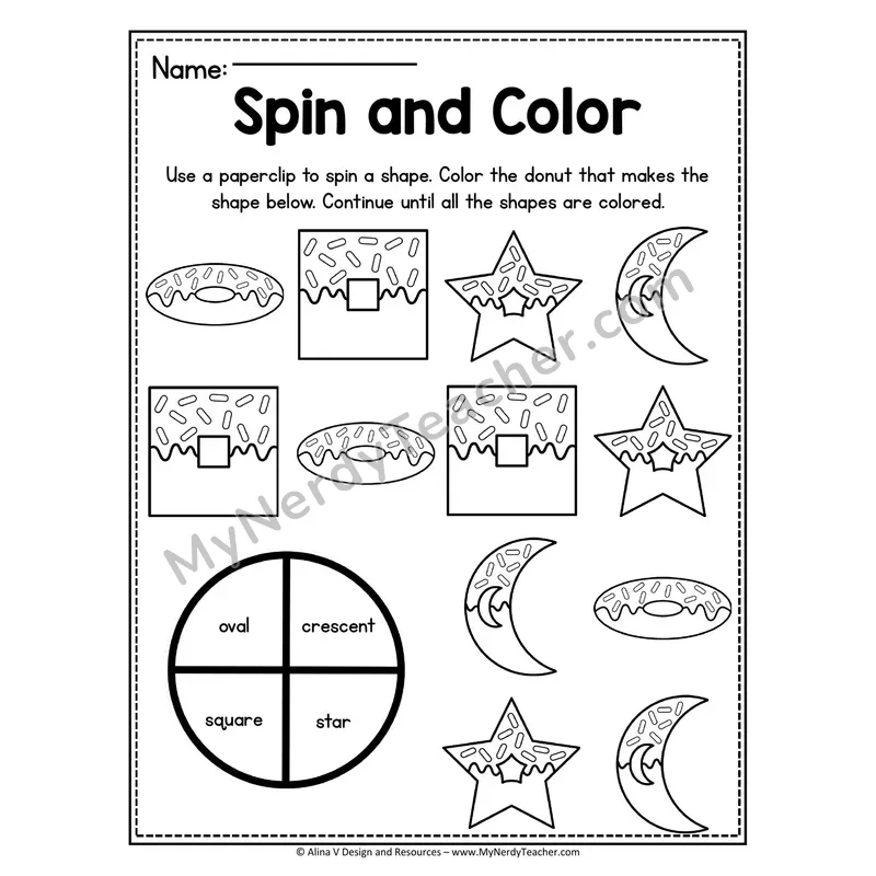 Spin and Color 2D Shapes Worksheet — Donut Theme #8