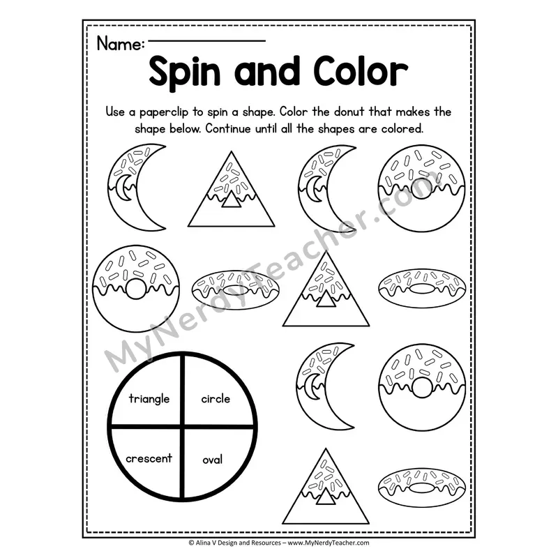 Spin and Color 2D Shapes Worksheet — Donut Theme #9