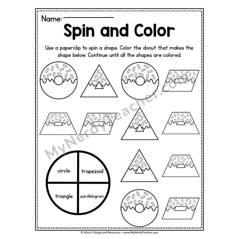 Spin and Color 2D Shapes Worksheet — Donut Theme #7