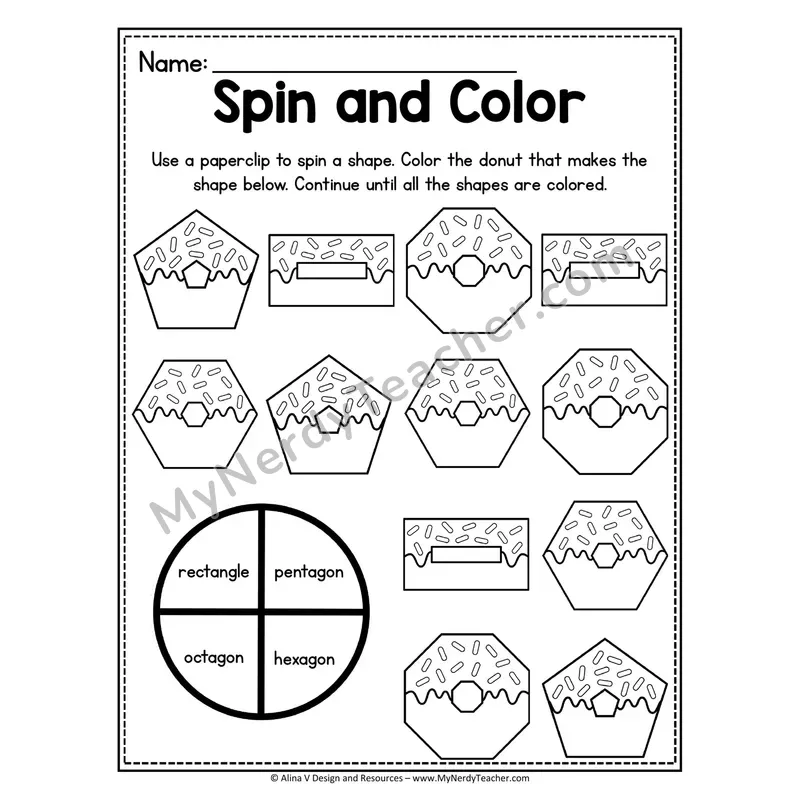 Spin and Color 2D Shapes Worksheet — Donut Theme #6