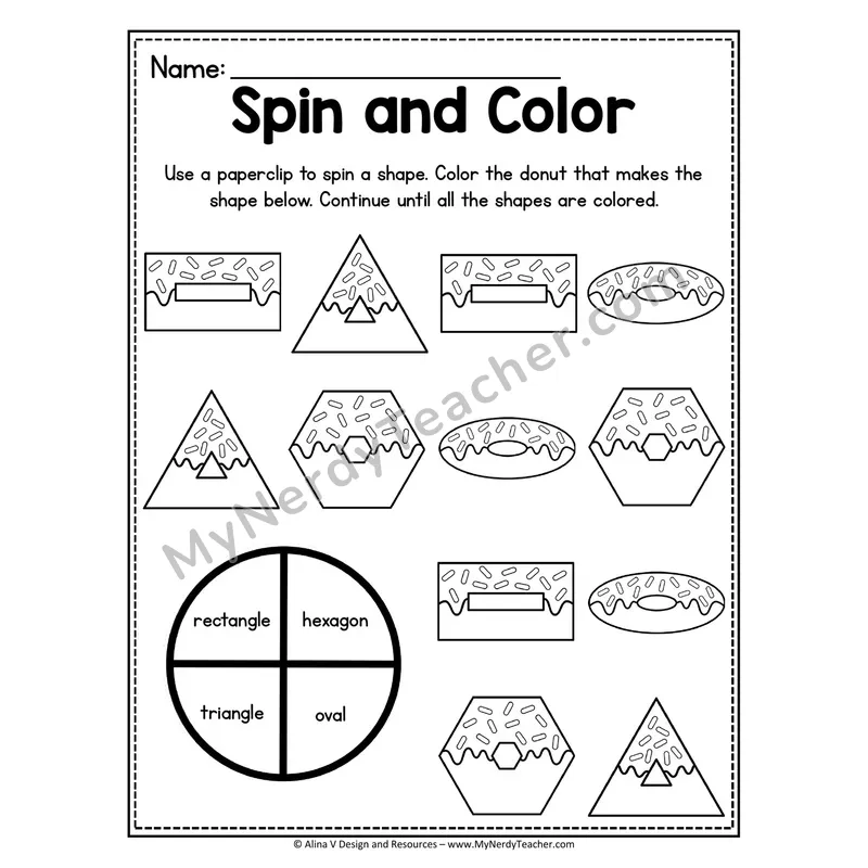 Spin and Color 2D Shapes Worksheet — Donut Theme #4