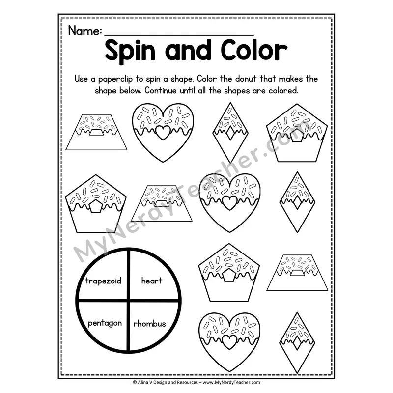 Spin and Color 2D Shapes Worksheet — Donut Theme #2