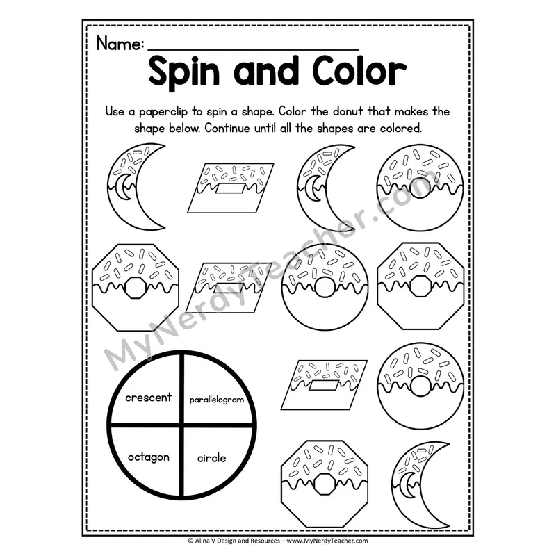Spin and Color 2D Shapes Worksheet — Donut Theme #3