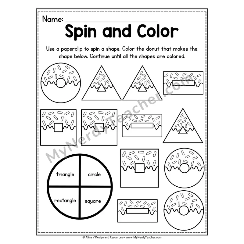 Spin and Color 2D Shapes Worksheet — Donut Theme #1