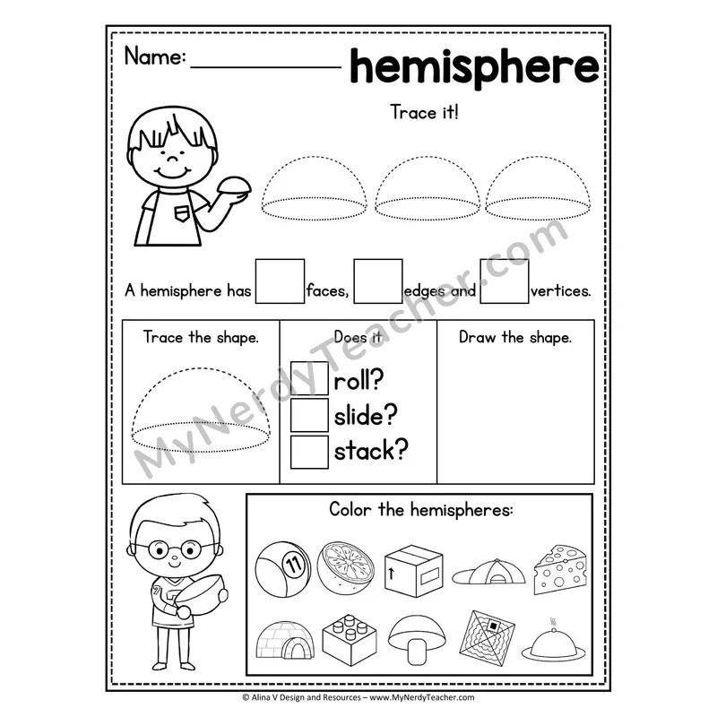 3D Shapes Tracing Worksheet — Trace, Identify Faces/Edges/Vertices, Color