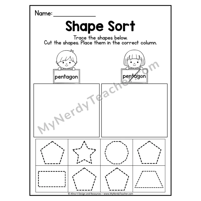 2D Shape Sort Worksheet — Trace, Cut, and Sort Pentagons
