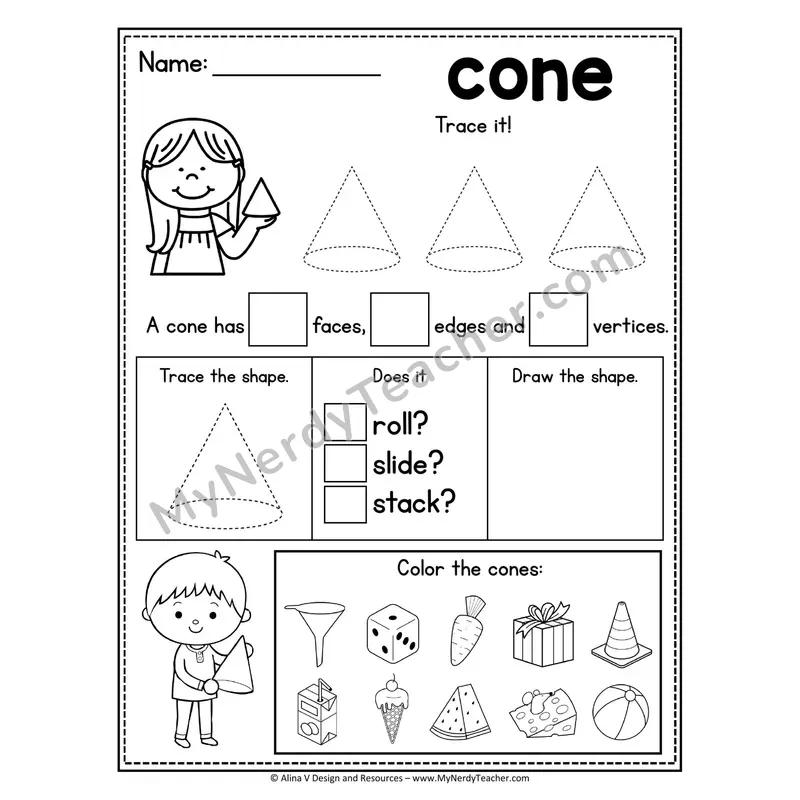 3D Shapes Tracing Worksheet — Trace, Identify Faces/Edges/Vertices, Color
