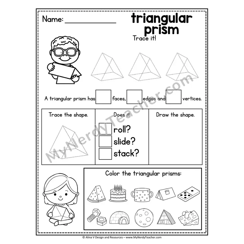 3D Shapes Tracing Worksheet — Trace, Identify Faces/Edges/Vertices, Color
