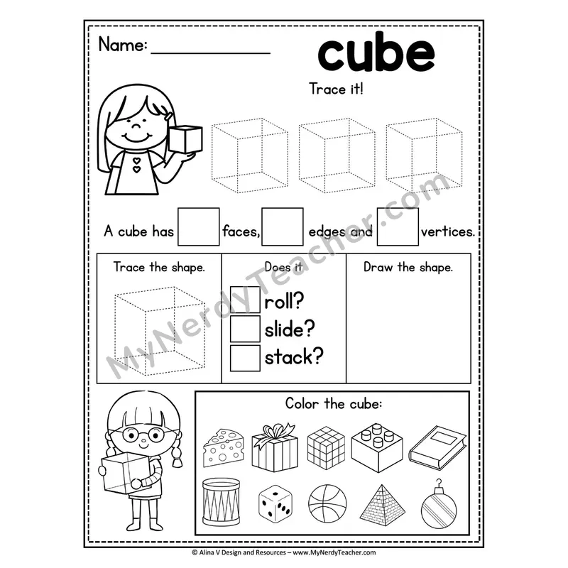 3D Shapes Tracing Worksheet — Trace, Identify Faces/Edges/Vertices, Color