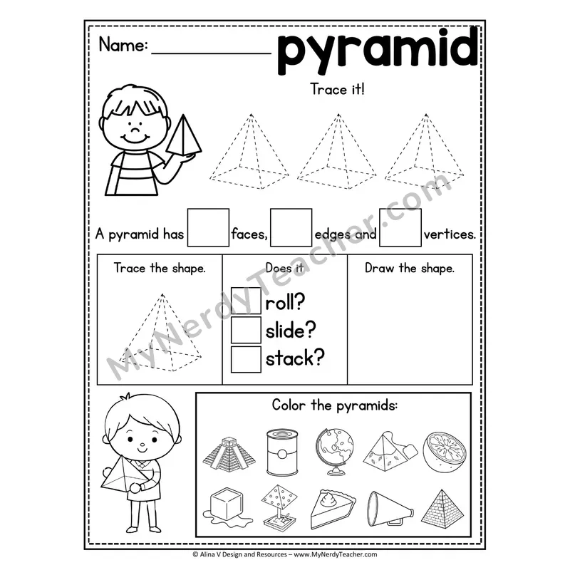 3D Shapes Tracing Worksheet — Trace, Identify Faces/Edges/Vertices, Color