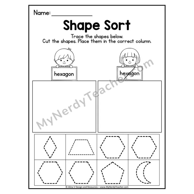 2D Shape Sort Worksheet — Trace, Cut, and Sort Hexagons