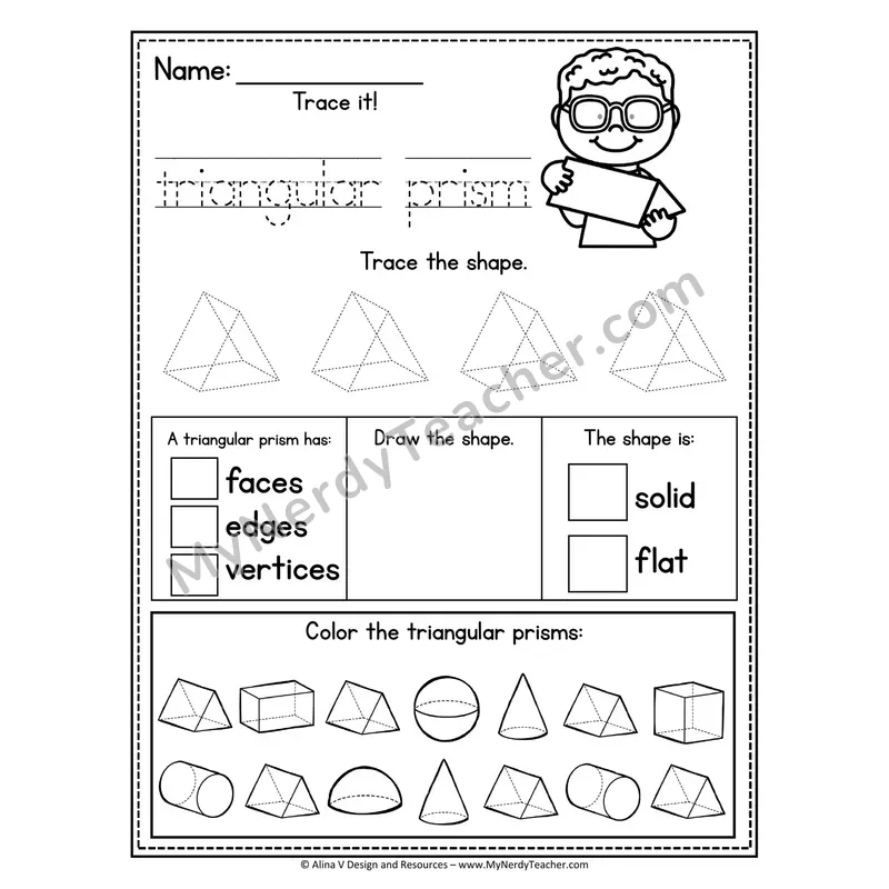 3D Shapes Tracing Worksheet — Trace, Identify Faces/Edges/Vertices, Color