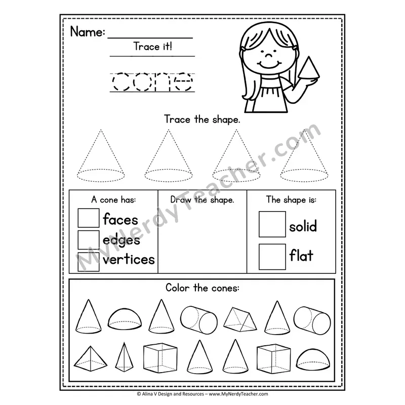 3D Shapes Tracing Worksheet — Trace, Identify Faces/Edges/Vertices, Color