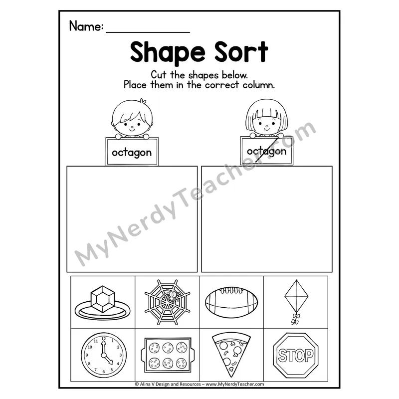 2D Shape Sort Worksheet — Cut and Paste Octagons in Real Life