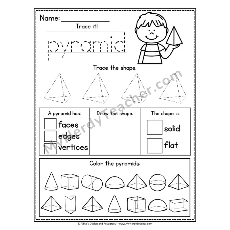 3D Shapes Tracing Worksheet — Trace, Identify Faces/Edges/Vertices, Color