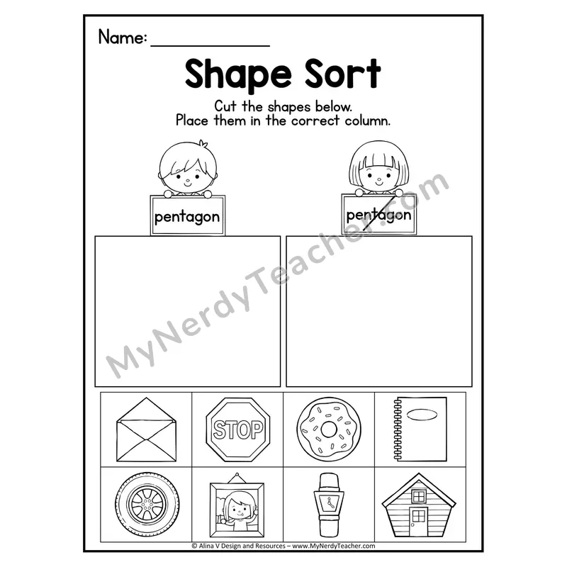 2D Shape Sort Worksheet — Cut and Paste Pentagons in Real Life