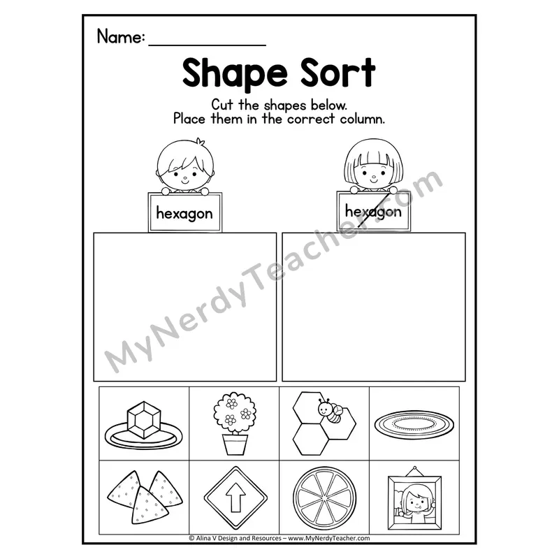 2D Shape Sort Worksheet — Cut and Paste Hexagons in Real Life
