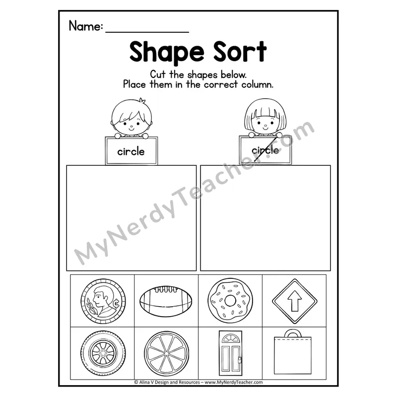 2D Shape Sort Worksheet — Cut and Paste Circles in Real Life
