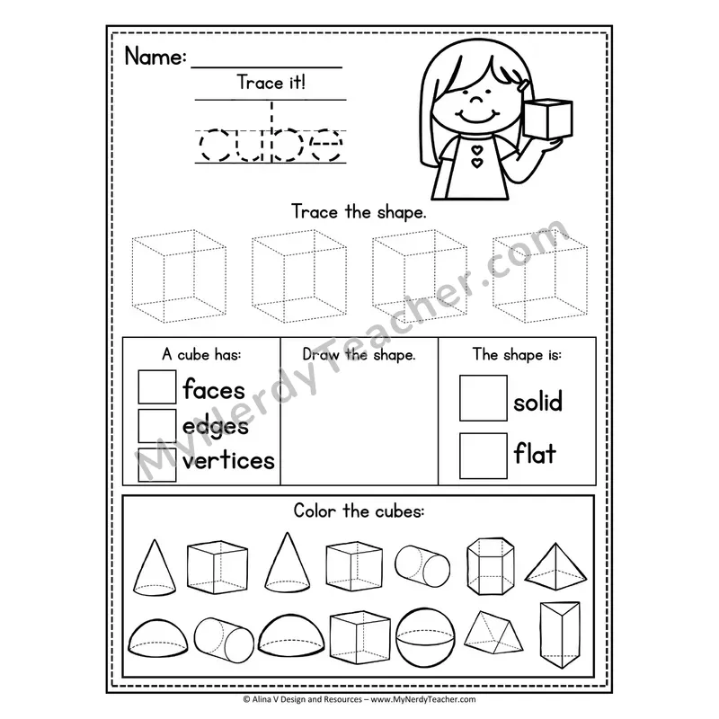3D Shapes Tracing Worksheet — Trace, Identify Faces/Edges/Vertices, Color