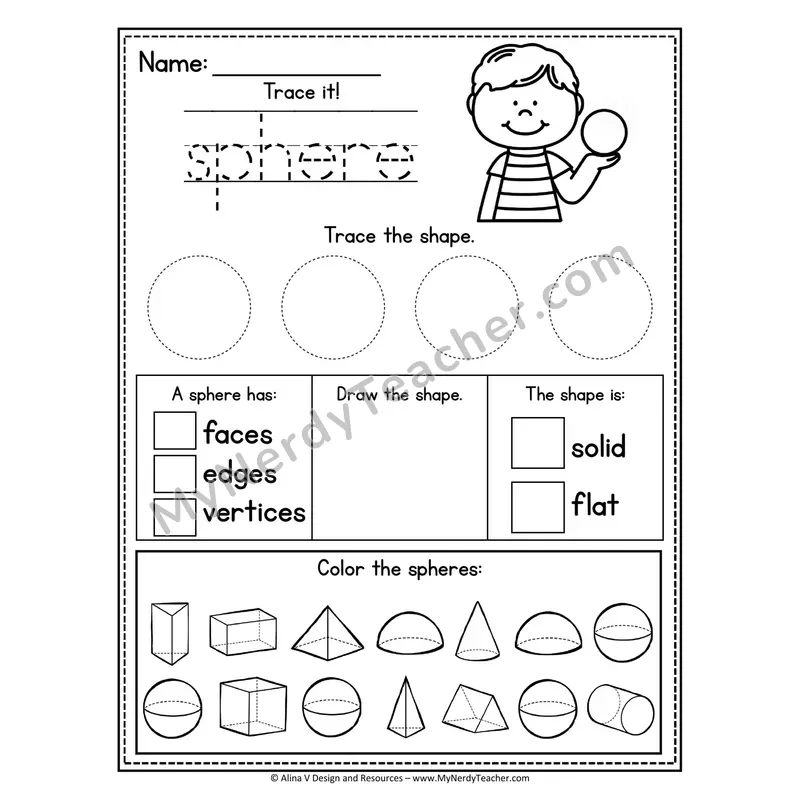 3D Shapes Tracing Worksheet — Trace, Identify Faces/Edges/Vertices, Color