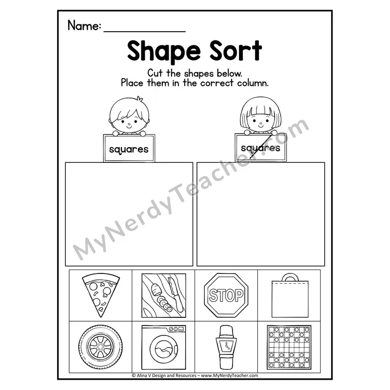 2D Shape Sort Worksheet — Cut and Paste Squares in Real Life