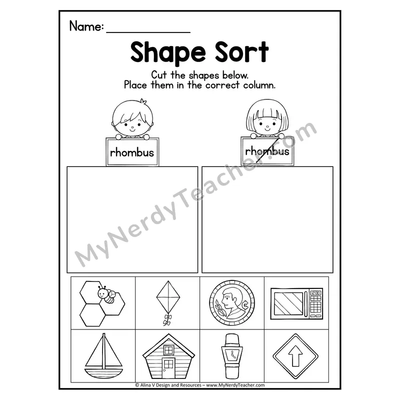 2D Shape Sort Worksheet — Cut and Paste Rhombuss in Real Life