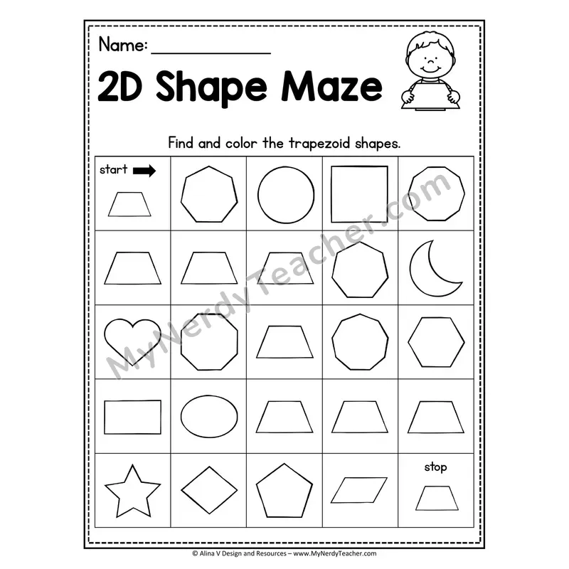 2D Shape Maze Worksheet — Find and Color the Trapezoids