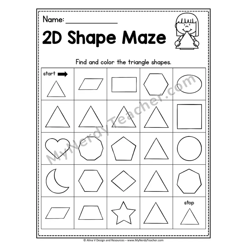 2D Shape Maze Worksheet — Find and Color the Triangles