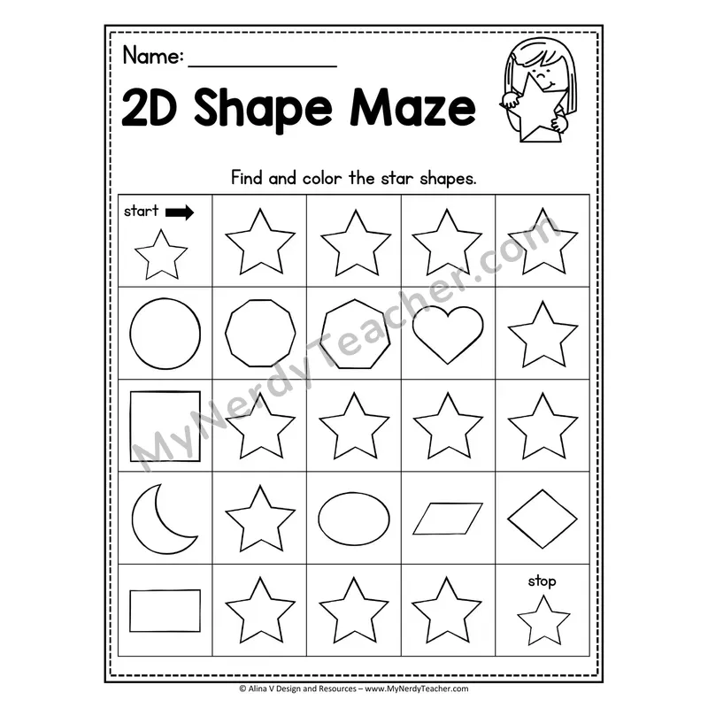 2D Shape Maze Worksheet — Find and Color the Stars