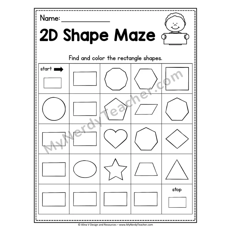 2D Shape Maze Worksheet — Find and Color the Rectangles